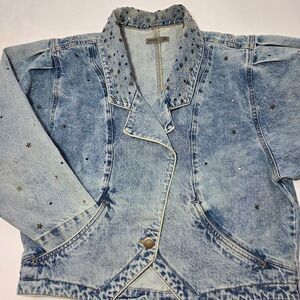 Vintage 80's Acid Wash Denim Jacket Studs Embellishments Glam Rock MED